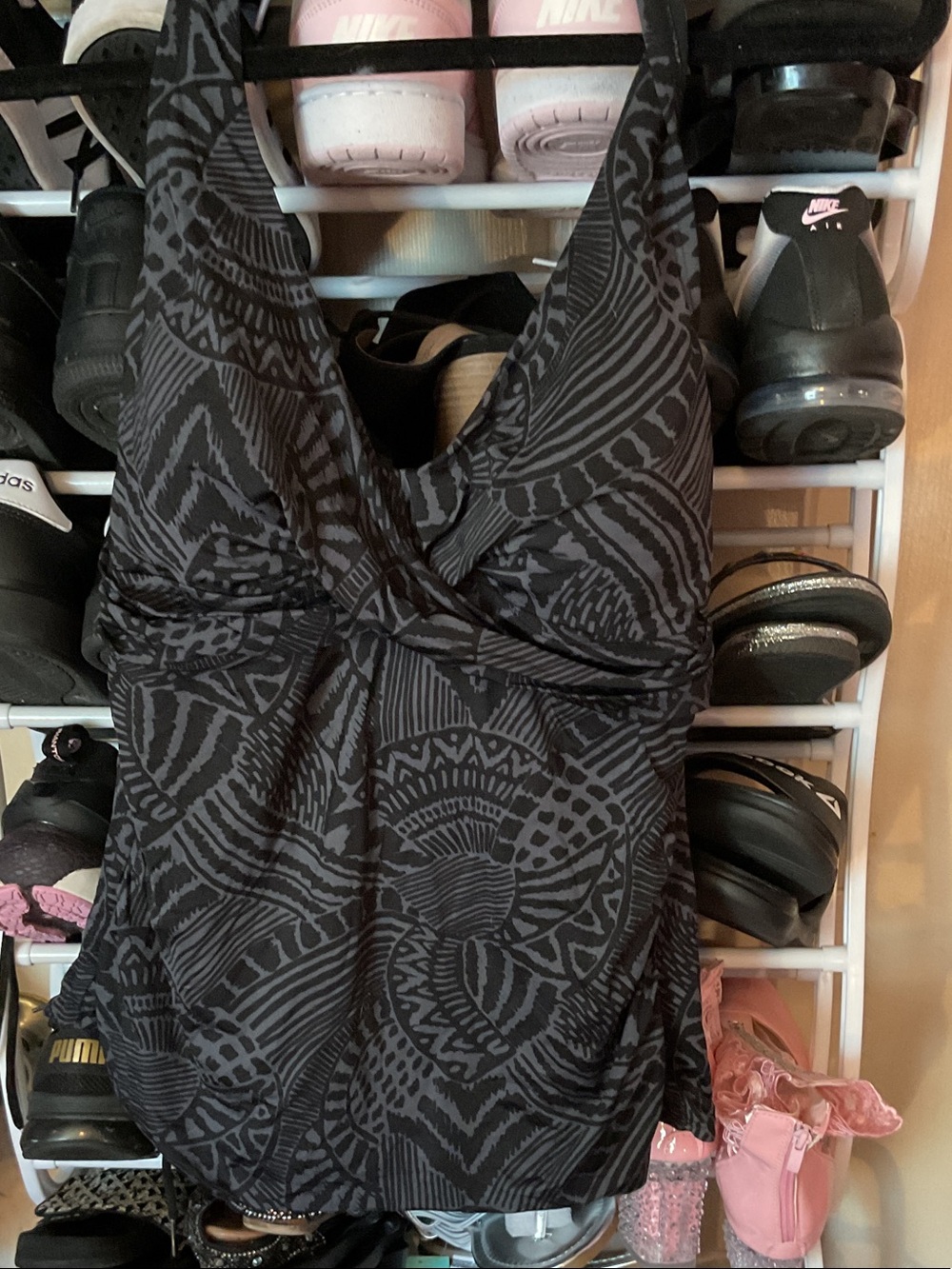 Kona Sol Black & Gray Patterned Women’s Tankini Top